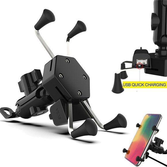 Universal Motorcycle Motorbike Mobile Phone Mount Holder X Clamp USB Charge Handlebar Holder For GPS iPhoneX 8 7 6s